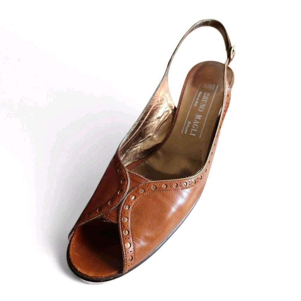 Vintage Bruno Magli Brown Leather Heels Size 8 AAA Peep Toe Sling Back With Box - Picture 4 of 11